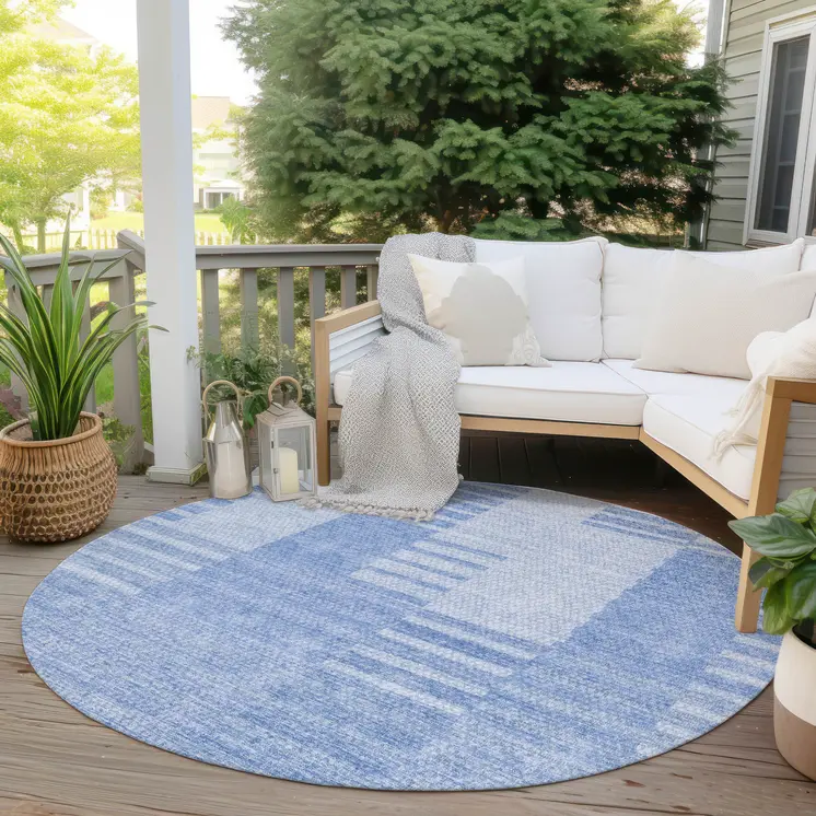 8' Sky Blue And Denim Blue Round Striped Washable Indoor Outdoor Area Rug