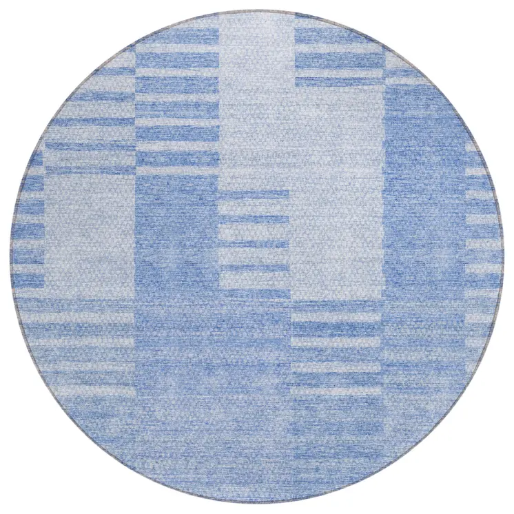 8' Sky Blue And Denim Blue Round Striped Washable Indoor Outdoor Area Rug