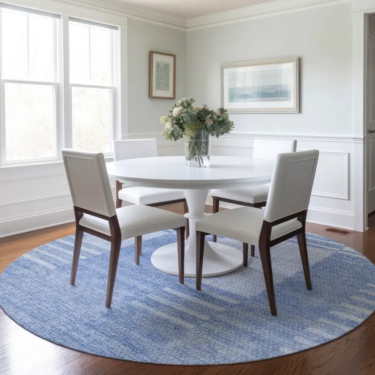 8' Sky Blue And Denim Blue Round Striped Washable Indoor Outdoor Area Rug