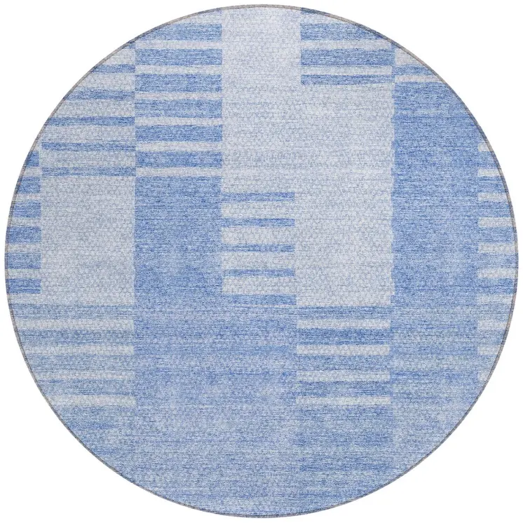 8' Sky Blue And Denim Blue Round Striped Washable Indoor Outdoor Area Rug