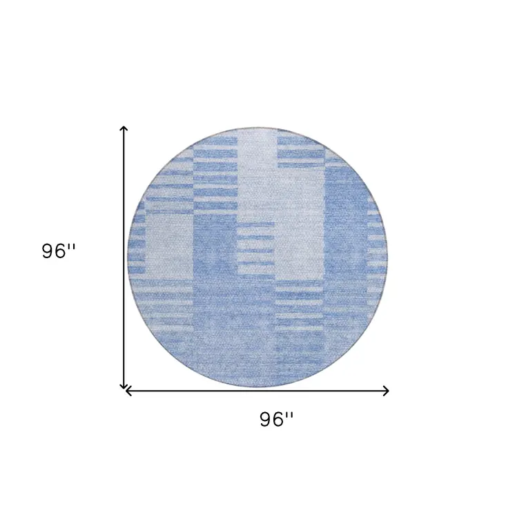 8' Sky Blue And Denim Blue Round Striped Washable Indoor Outdoor Area Rug