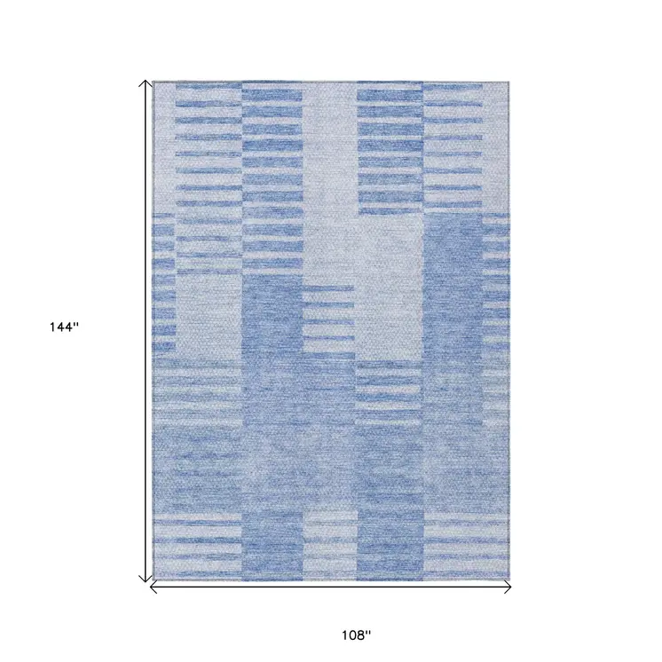 9' X 12' Sky Blue And Denim Blue Striped Washable Indoor Outdoor Area Rug