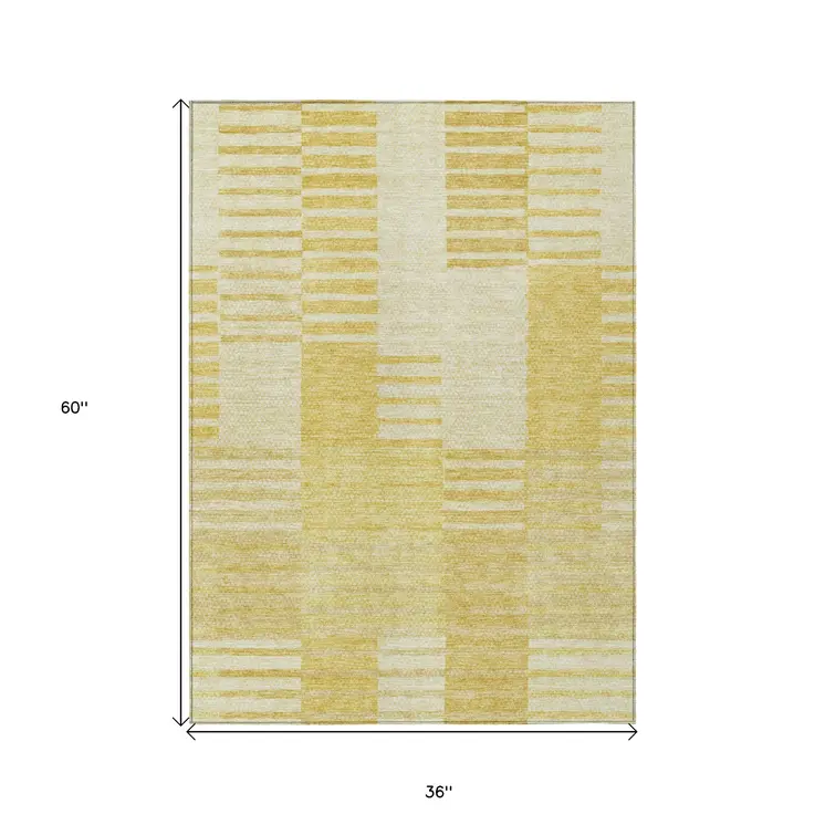 3' X 5' Gold Wheat And Ivory Striped Washable Indoor Outdoor Area Rug