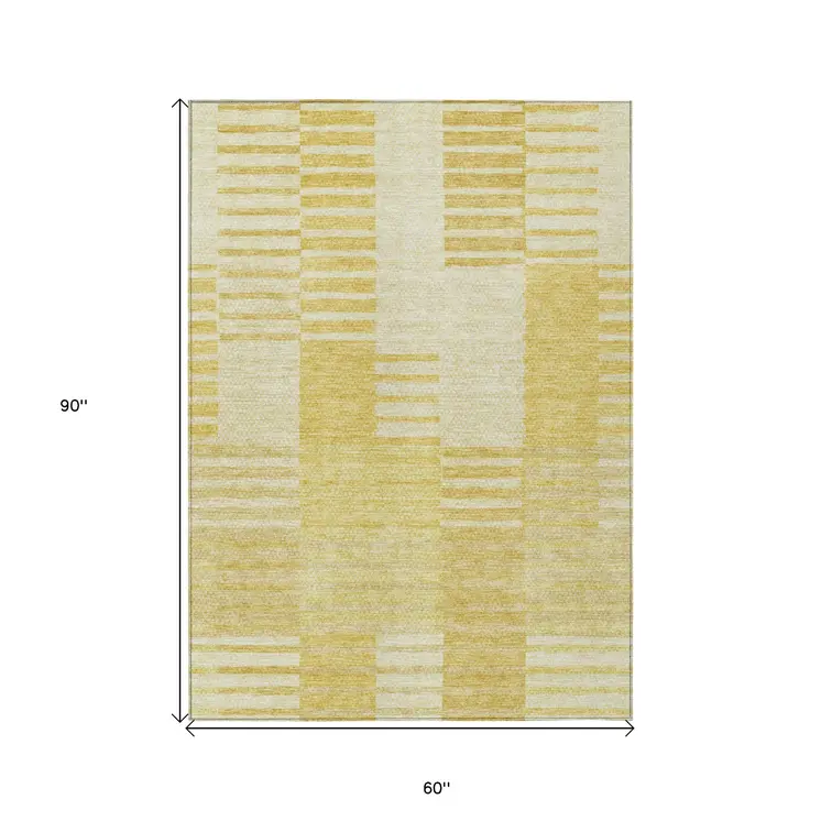 5' X 8' Gold Wheat And Ivory Striped Washable Indoor Outdoor Area Rug