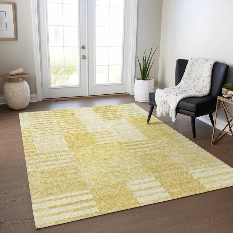 5' X 8' Gold Wheat And Ivory Striped Washable Indoor Outdoor Area Rug