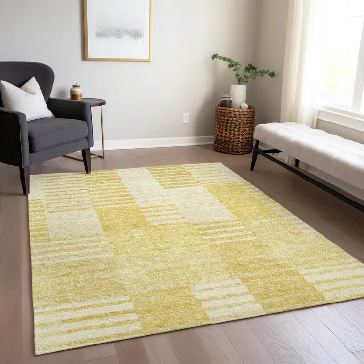5' X 8' Gold Wheat And Ivory Striped Washable Indoor Outdoor Area Rug