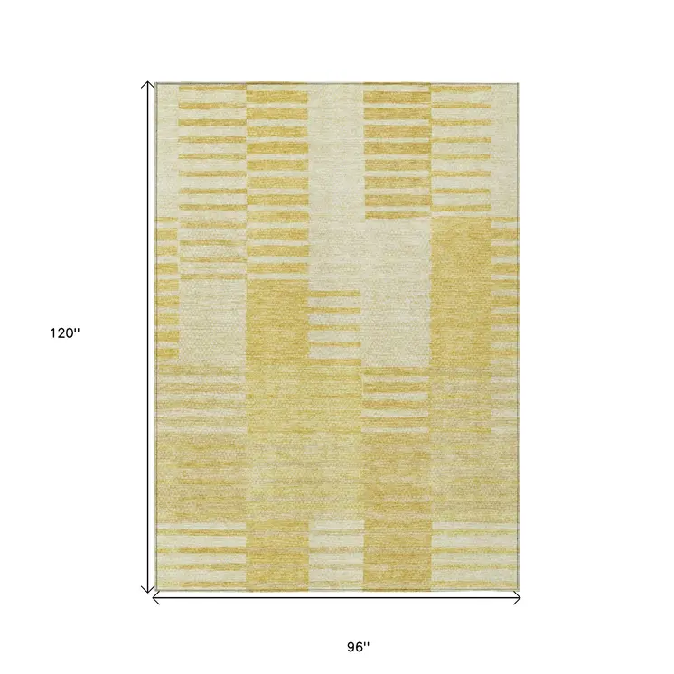 8' X 10' Gold Wheat And Ivory Striped Washable Indoor Outdoor Area Rug