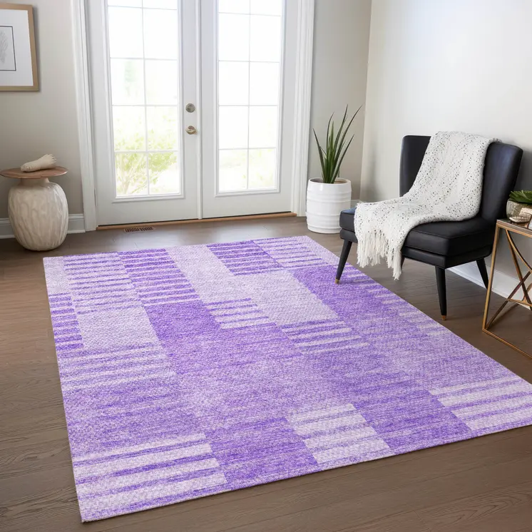 8' X 10' Lavender And Purple Striped Washable Indoor Outdoor Area Rug