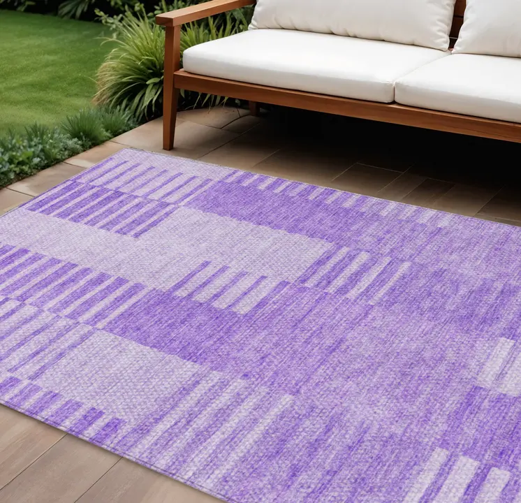 10' X 14' Lavender And Purple Striped Washable Indoor Outdoor Area Rug