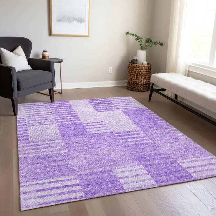 10' X 14' Lavender And Purple Striped Washable Indoor Outdoor Area Rug