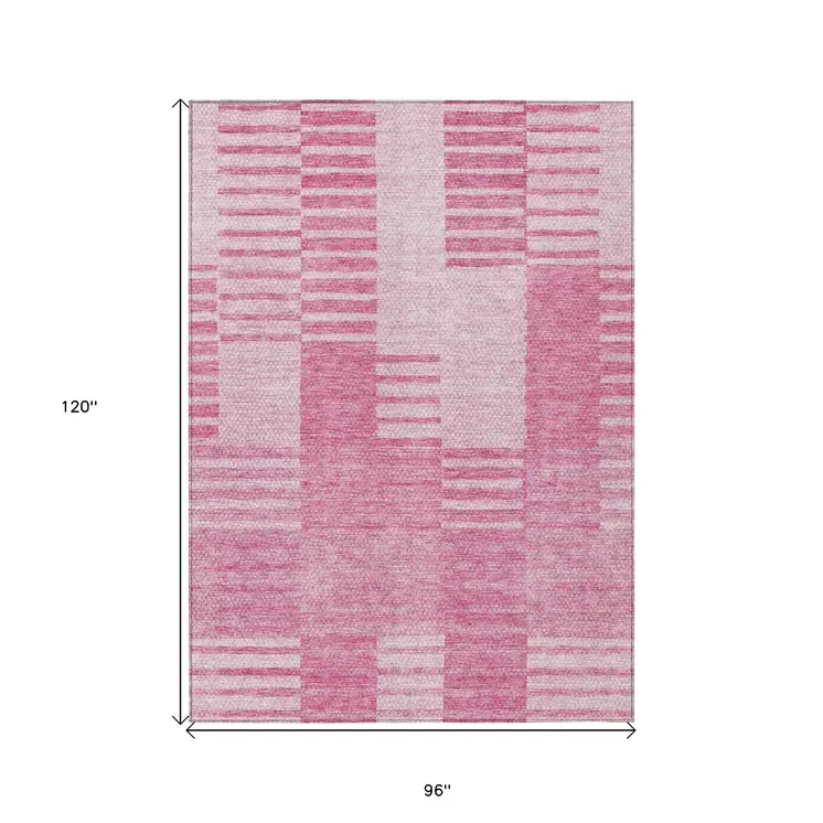 8' X 10' Pink And Blush Striped Washable Indoor Outdoor Area Rug