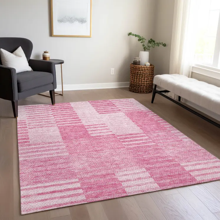 8' X 10' Pink And Blush Striped Washable Indoor Outdoor Area Rug