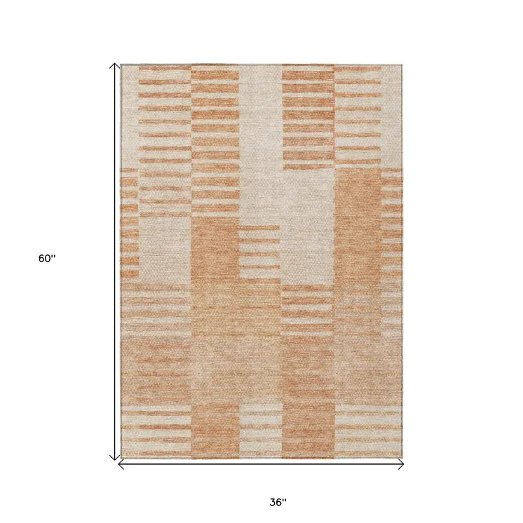 3' X 5' Salmon Peach And Ivory Striped Washable Indoor Outdoor Area Rug