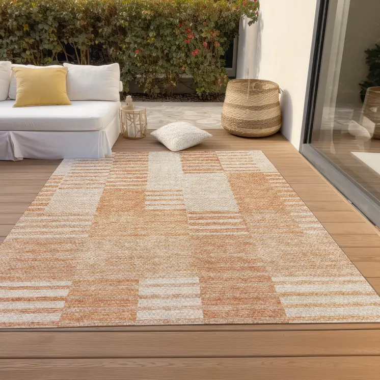 3' X 5' Salmon Peach And Ivory Striped Washable Indoor Outdoor Area Rug