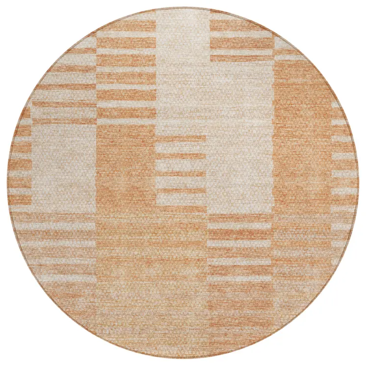 8' Salmon Peach And Ivory Round Striped Washable Indoor Outdoor Area Rug