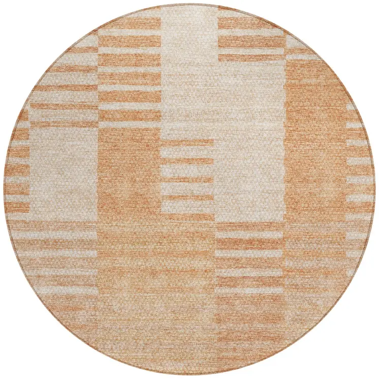 8' Salmon Peach And Ivory Round Striped Washable Indoor Outdoor Area Rug