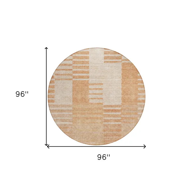 8' Salmon Peach And Ivory Round Striped Washable Indoor Outdoor Area Rug