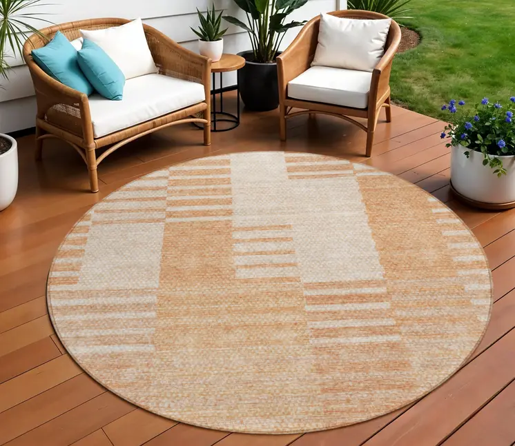8' Salmon Peach And Ivory Round Striped Washable Indoor Outdoor Area Rug