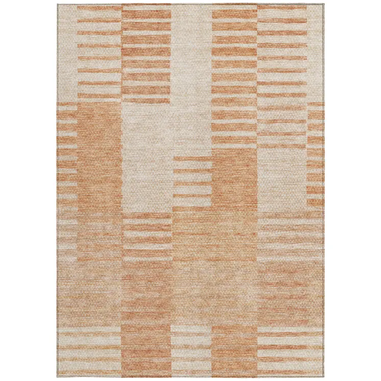 8' X 10' Salmon Peach And Ivory Striped Washable Indoor Outdoor Area Rug