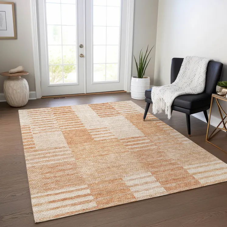 8' X 10' Salmon Peach And Ivory Striped Washable Indoor Outdoor Area Rug