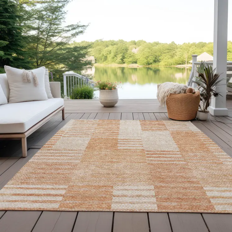 8' X 10' Salmon Peach And Ivory Striped Washable Indoor Outdoor Area Rug