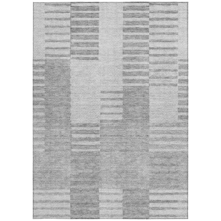 5' X 8' Silver Gray And Ivory Striped Washable Indoor Outdoor Area Rug