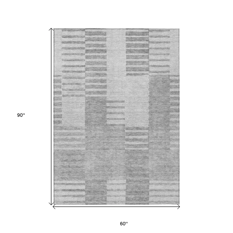 5' X 8' Silver Gray And Ivory Striped Washable Indoor Outdoor Area Rug