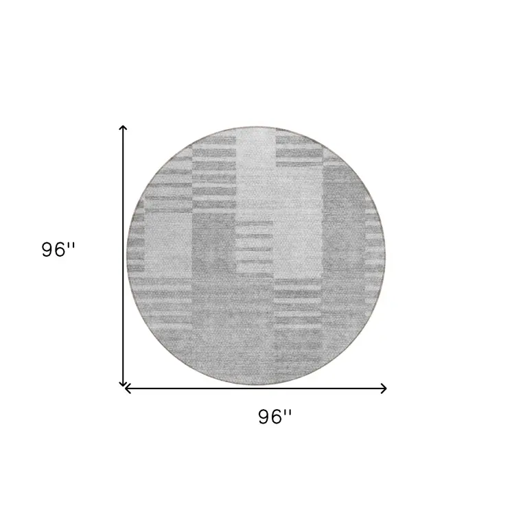 8' Silver Gray And Ivory Round Striped Washable Indoor Outdoor Area Rug