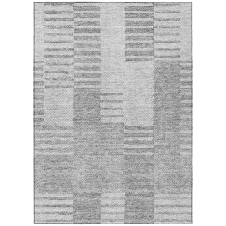 8' X 10' Silver Gray And Ivory Striped Washable Indoor Outdoor Area Rug