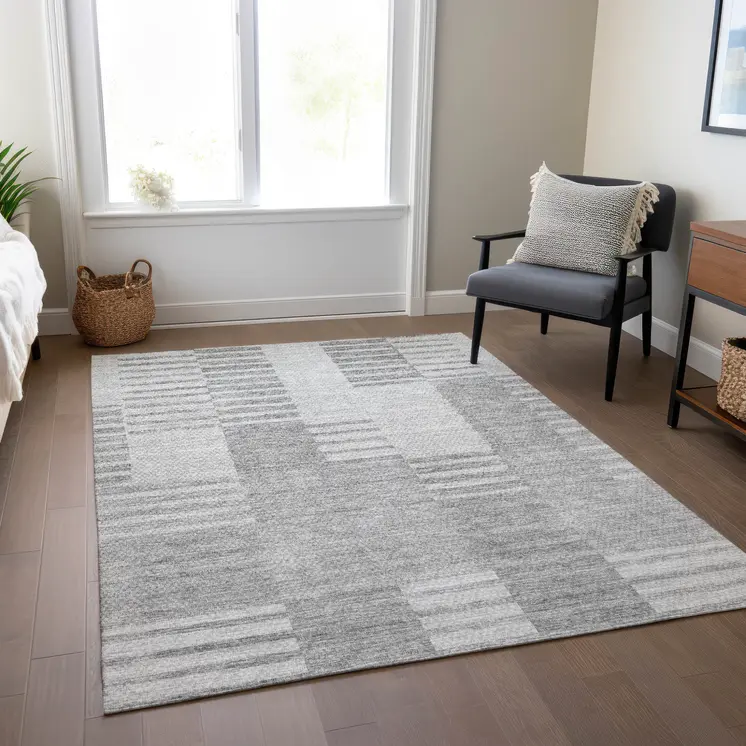 8' X 10' Silver Gray And Ivory Striped Washable Indoor Outdoor Area Rug
