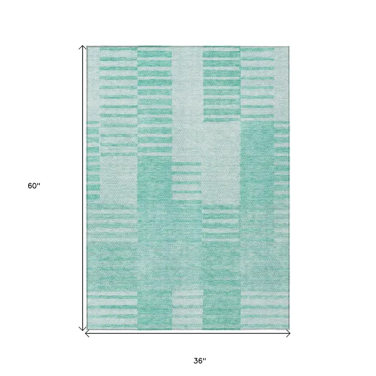 3' X 5' Teal Blue Aqua And Ivory Striped Washable Indoor Outdoor Area Rug
