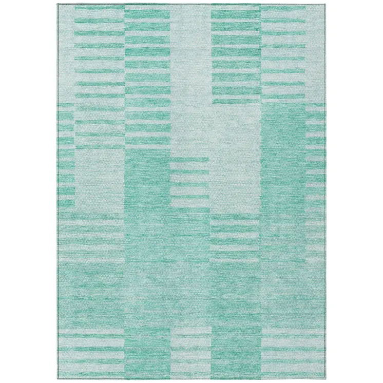 3' X 5' Teal Blue Aqua And Ivory Striped Washable Indoor Outdoor Area Rug