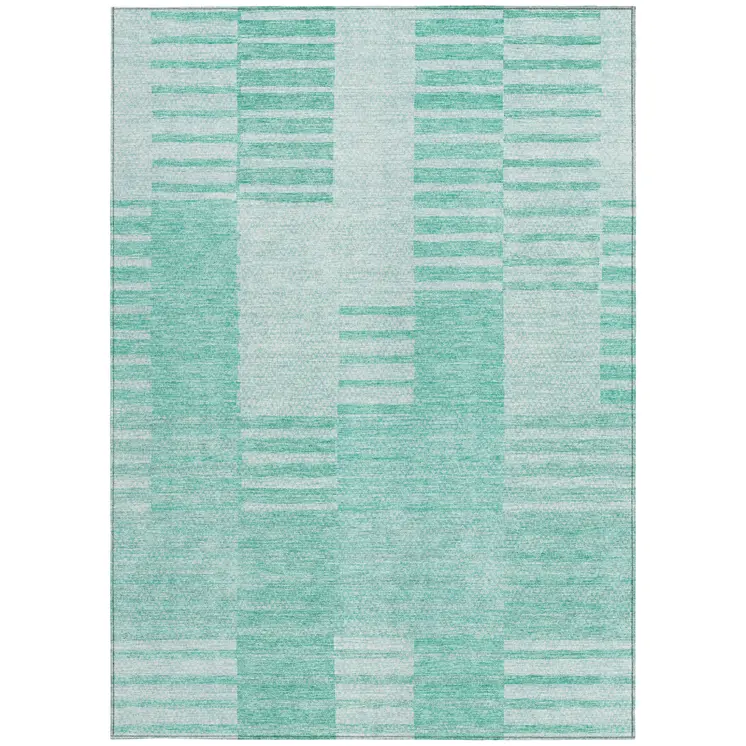 3' X 5' Teal Blue Aqua And Ivory Striped Washable Indoor Outdoor Area Rug