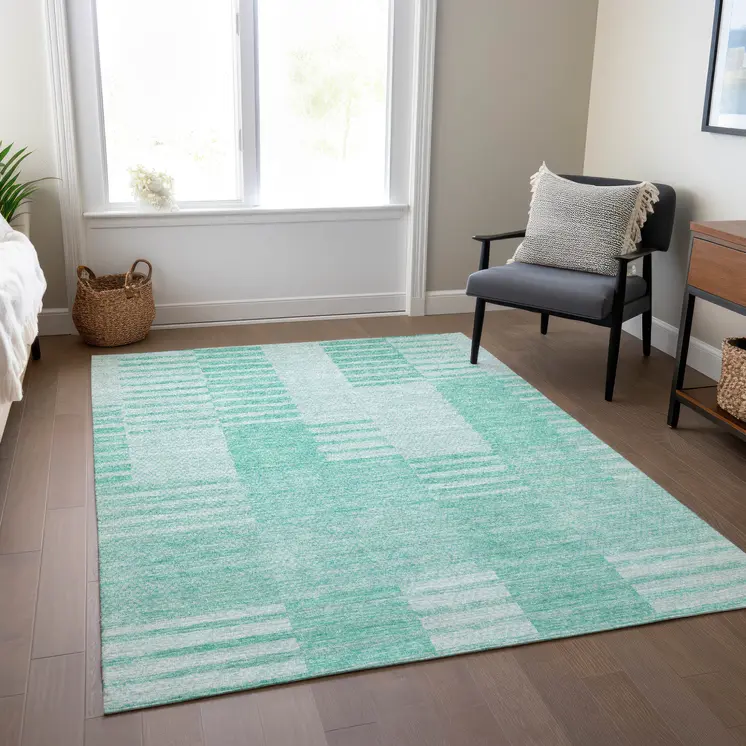 3' X 5' Teal Blue Aqua And Ivory Striped Washable Indoor Outdoor Area Rug