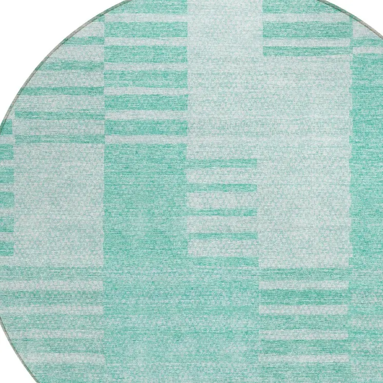 8' Teal Blue Aqua And Ivory Round Striped Washable Indoor Outdoor Area Rug