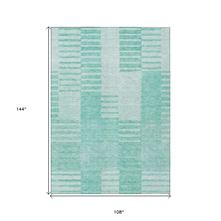 9' X 12' Teal Blue Aqua And Ivory Striped Washable Indoor Outdoor Area Rug