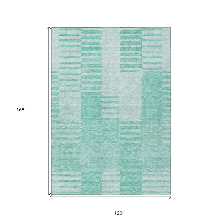 10' X 14' Teal Blue Aqua And Ivory Striped Washable Indoor Outdoor Area Rug