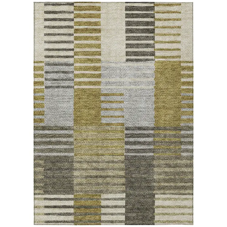 3' X 5' Brown Gold And Taupe Striped Washable Indoor Outdoor Area Rug