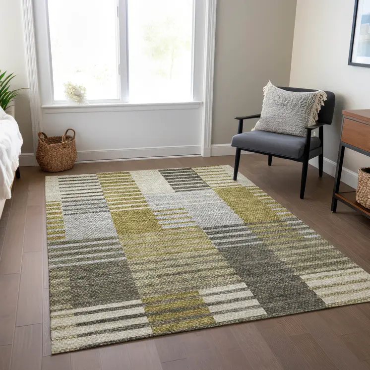 10' X 14' Brown Gold And Taupe Striped Washable Indoor Outdoor Area Rug