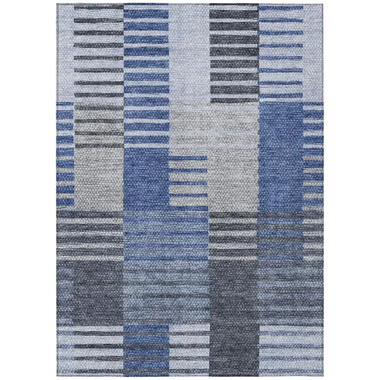 5' X 8' Denim Blue And Navy Blue Striped Washable Indoor Outdoor Area Rug