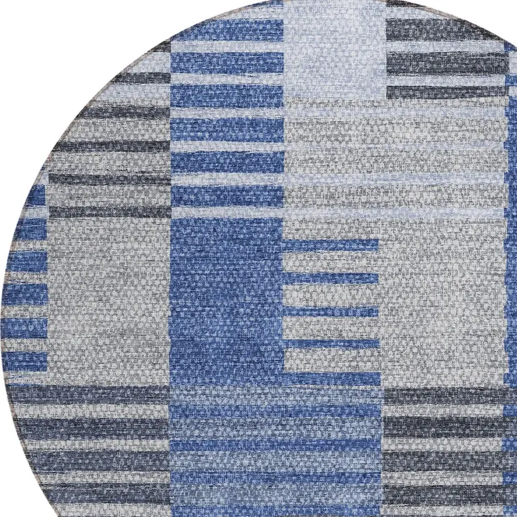 8' Denim Blue And Navy Blue Round Striped Washable Indoor Outdoor Area Rug