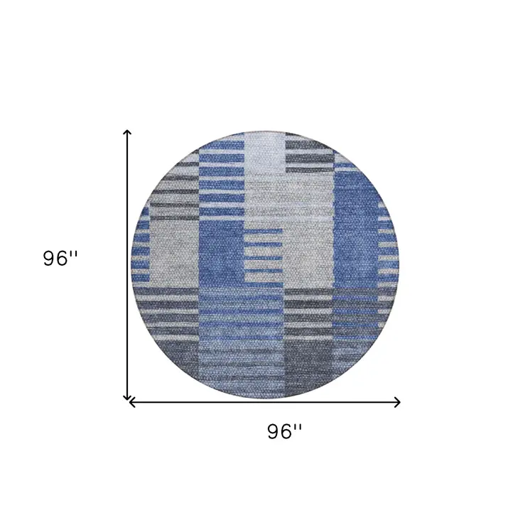 8' Denim Blue And Navy Blue Round Striped Washable Indoor Outdoor Area Rug