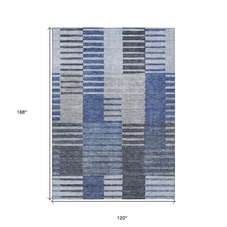 10' X 14' Denim Blue And Navy Blue Striped Washable Indoor Outdoor Area Rug