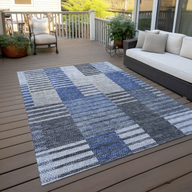 10' X 14' Denim Blue And Navy Blue Striped Washable Indoor Outdoor Area Rug
