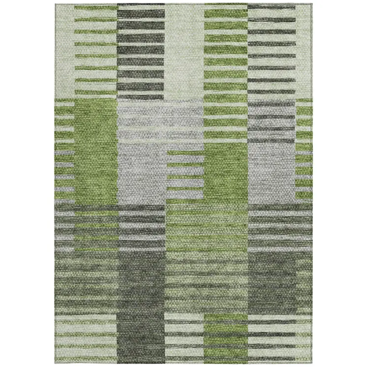 8' X 10' Green And Olive Green Striped Washable Indoor Outdoor Area Rug