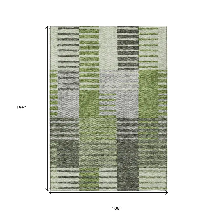 9' X 12' Green And Olive Green Striped Washable Indoor Outdoor Area Rug