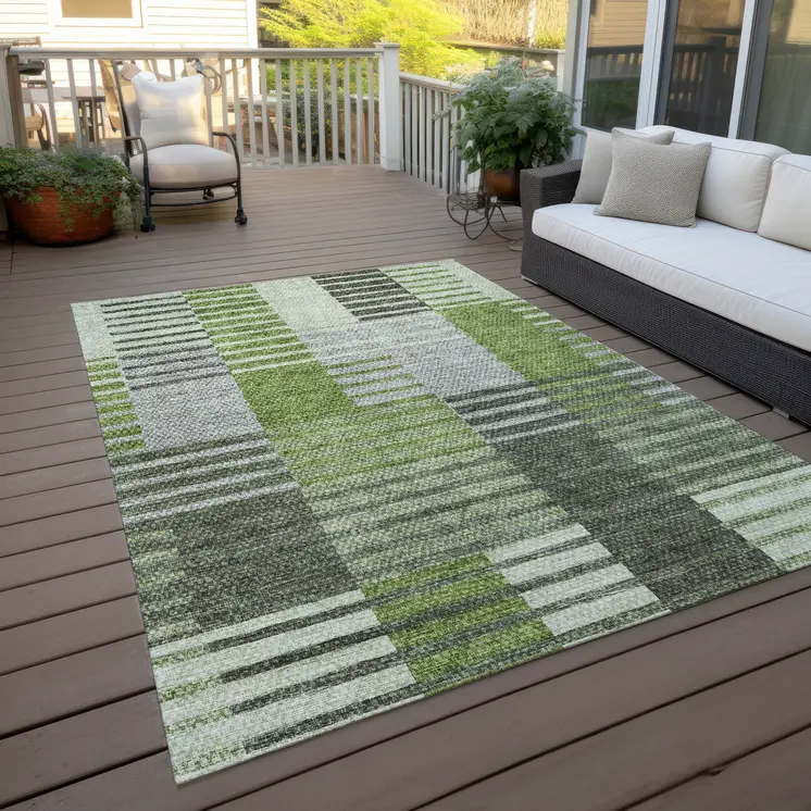 9' X 12' Green And Olive Green Striped Washable Indoor Outdoor Area Rug