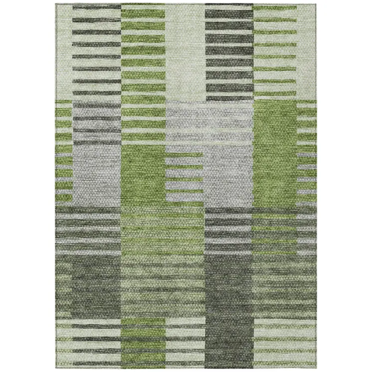 9' X 12' Green And Olive Green Striped Washable Indoor Outdoor Area Rug