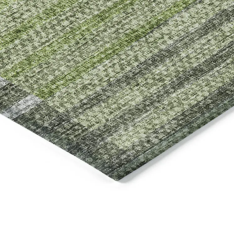 9' X 12' Green And Olive Green Striped Washable Indoor Outdoor Area Rug