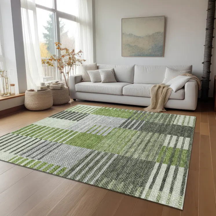9' X 12' Green And Olive Green Striped Washable Indoor Outdoor Area Rug